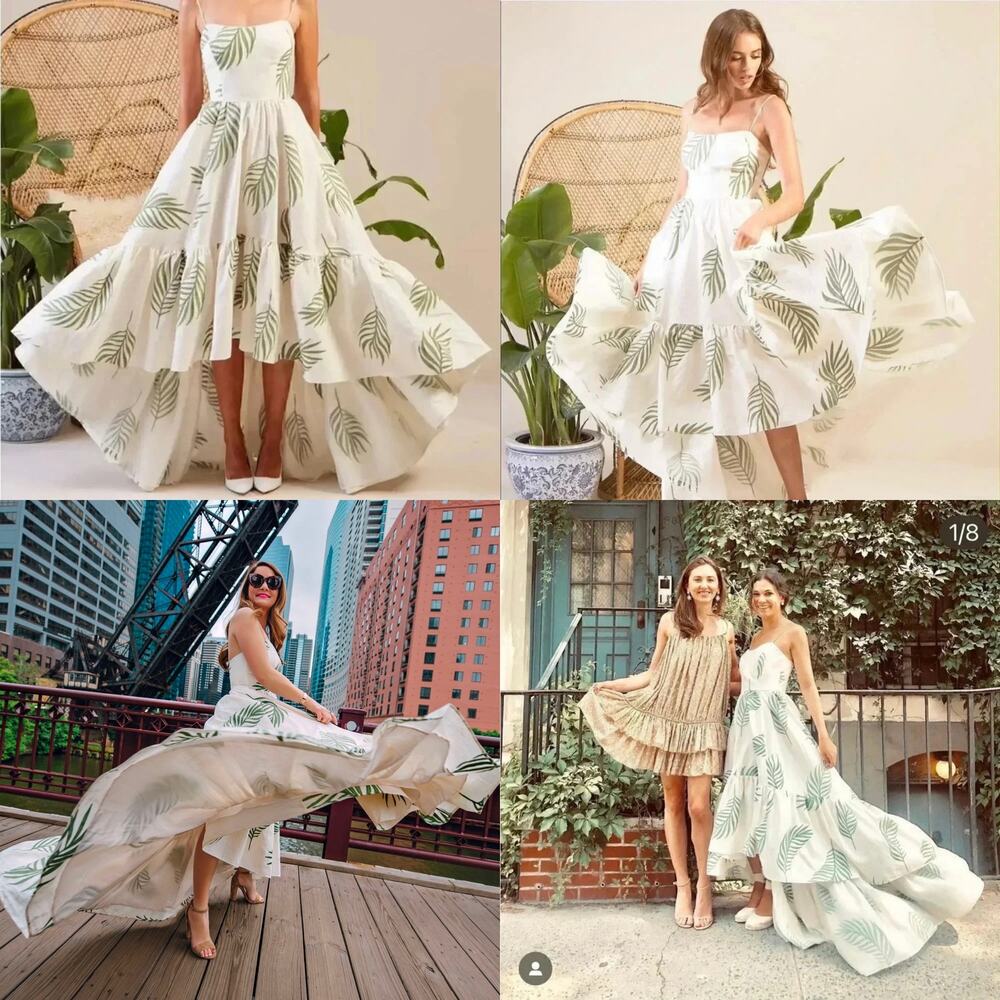 Mestiza Cleo Ballgown Cream Green Palm Leaf High Low Dress Linen Wedding Size 6 - Picture 15 of 16